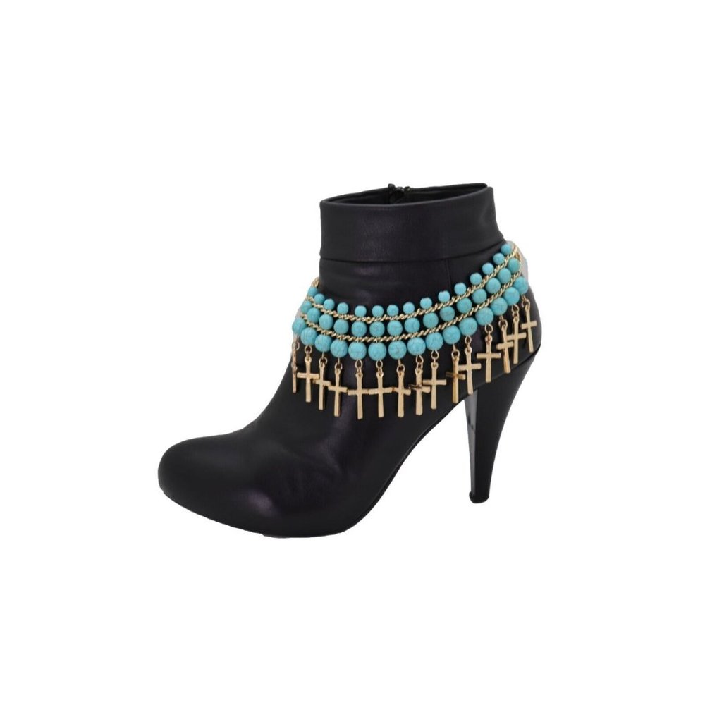 Women Gold Metal Boot Chain Bracelet Anklet Shoe Cross Charm Turquoise Blue Bead